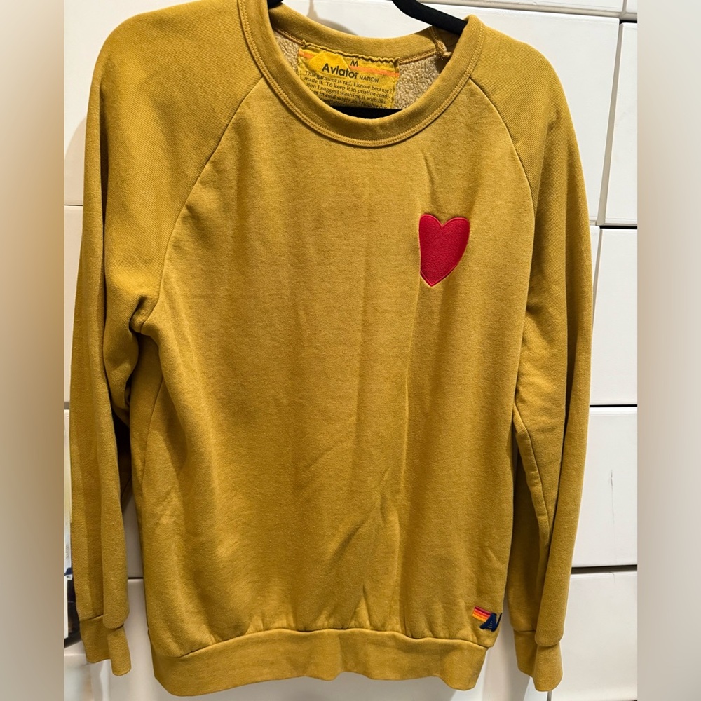 Aviator Nation Embroidered Heart Sweatshirt in Mustard